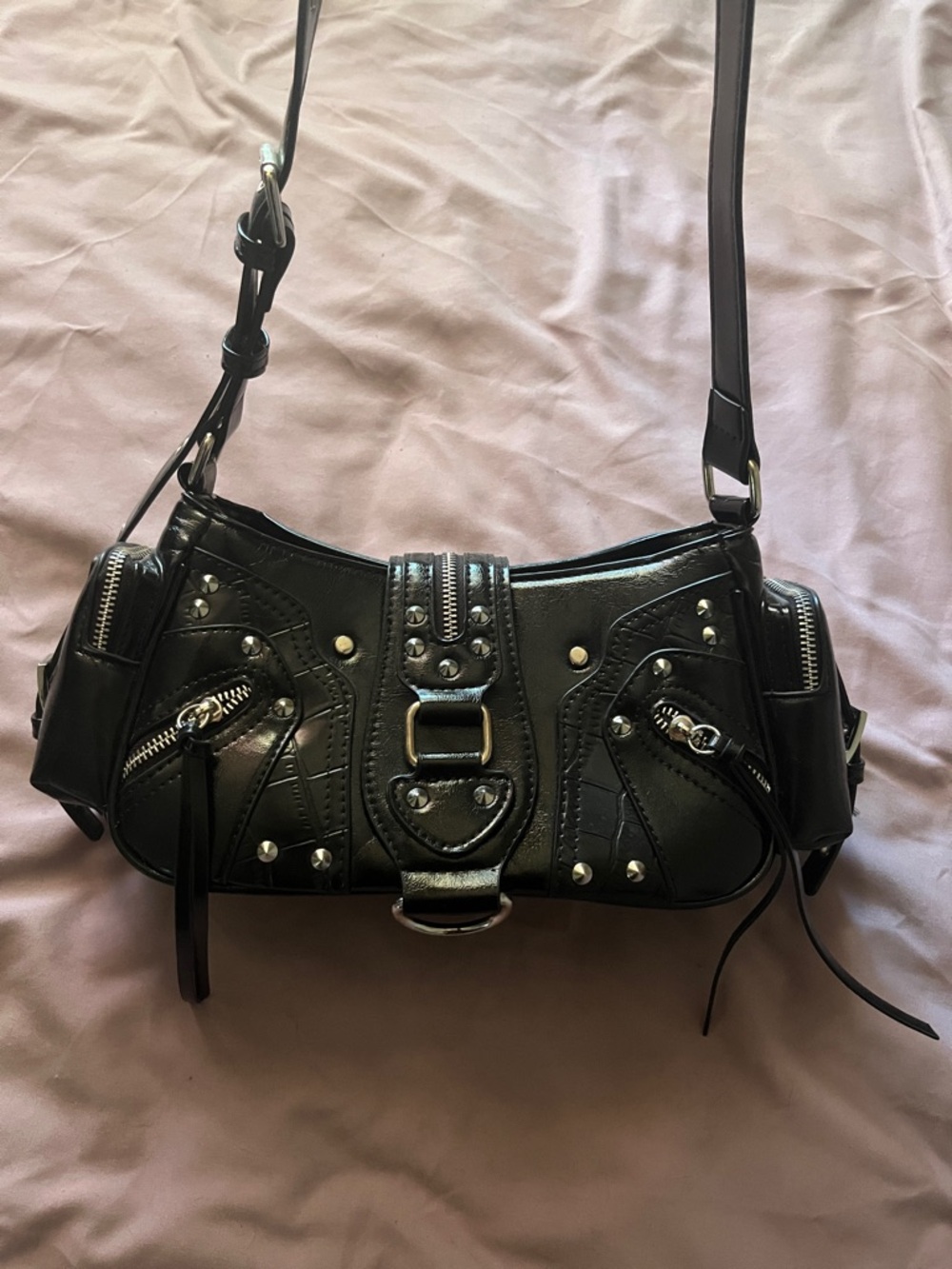 Black Studded Shoulder Bag with Buckle Accent